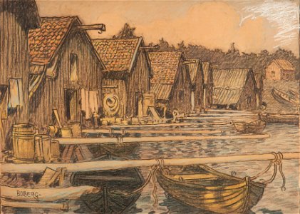 Hamnbild-Sjöbodar, båtar - Sjöhistoriska museet - S 1023