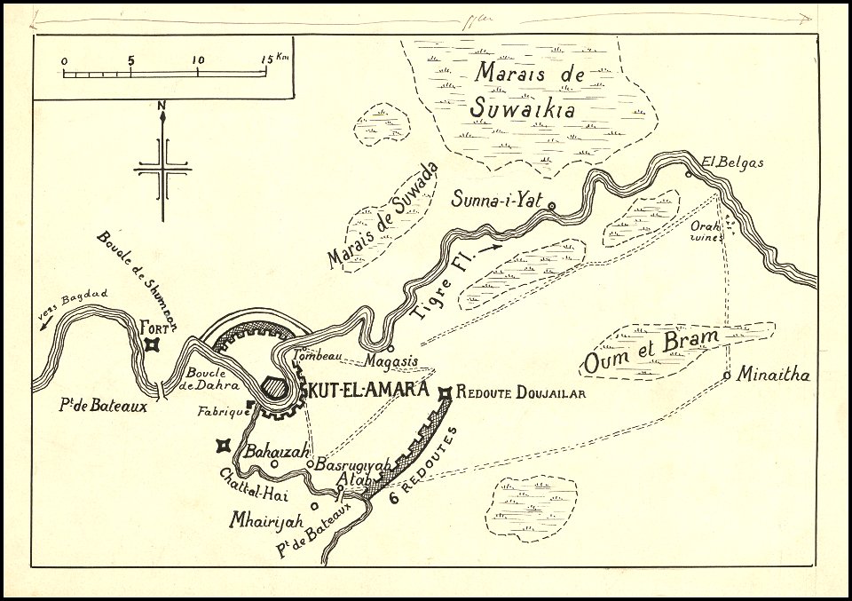 Hand-drawn map of the Siege of Kut-El-Amara in World War I in Iraq
