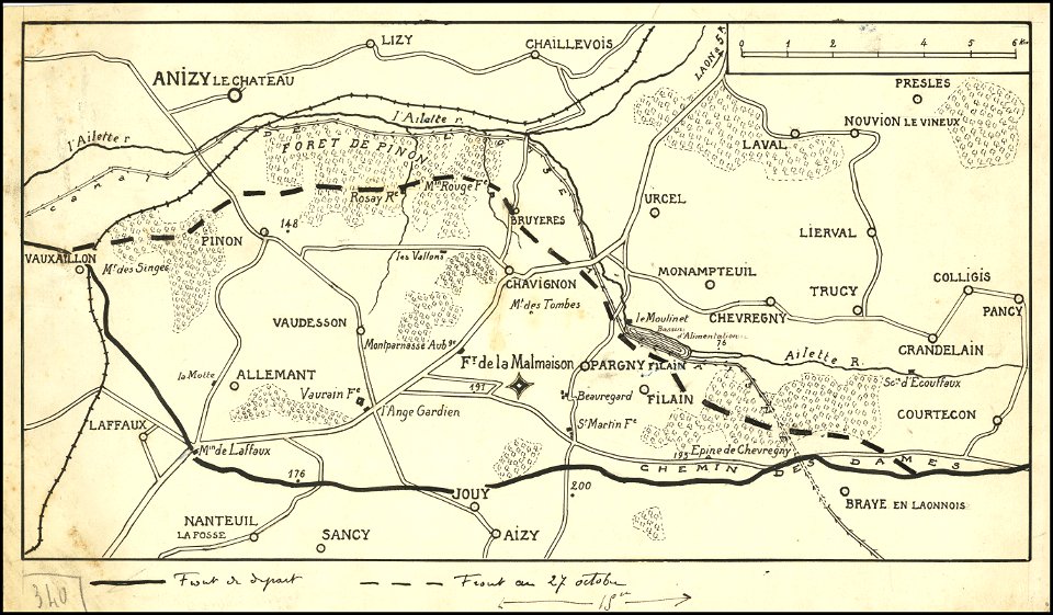 Hand-drawn map of the Western Front of World War I northeast of Soissons