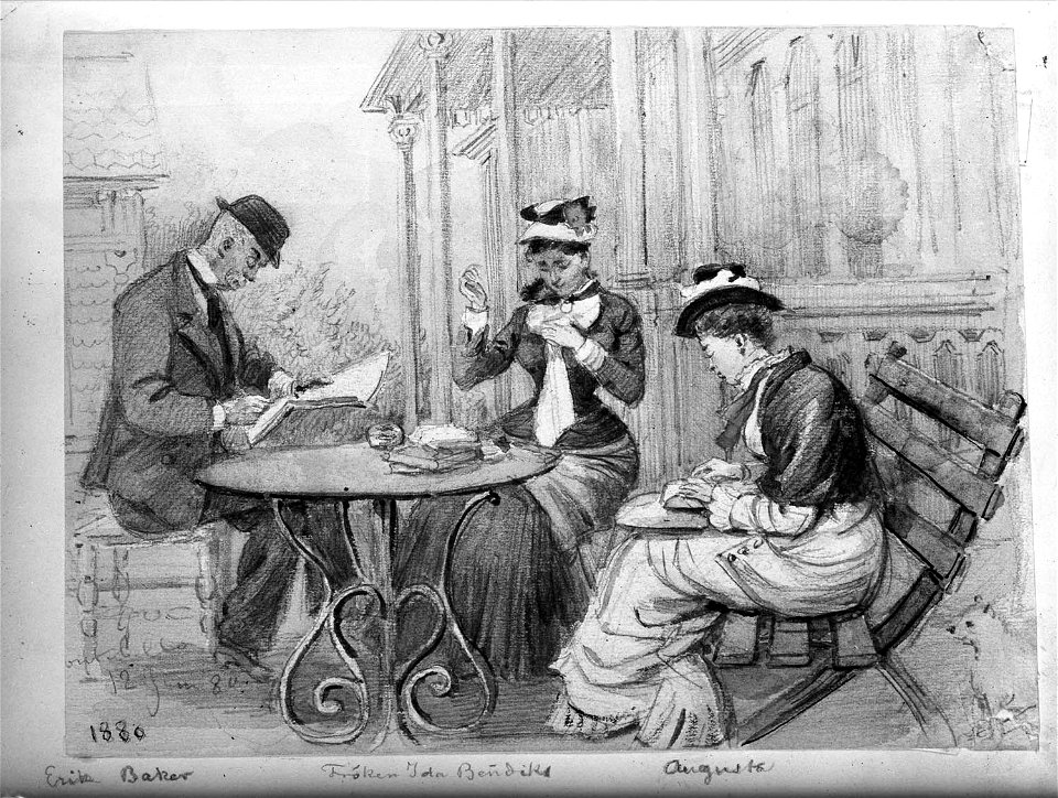 Handarbetande sällskap sitter vid trädgårdsbord. Montebello, Uppland. Fritz von Dardel, 1880 - Nordiska Museet - NMA.0053081