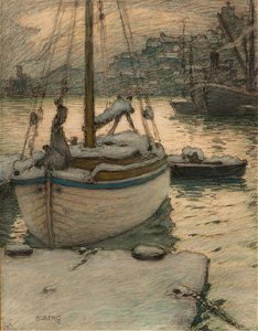 Hamnbild-Segelbåt vid Slussen vintertid - Sjöhistoriska museet - S 1010