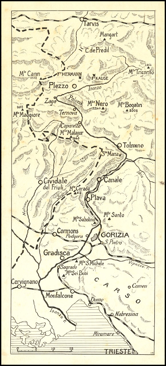Hand-drawn map of the Italian Front of World War I north of Trieste