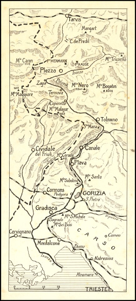 Hand-drawn map of the Italian Front of World War I north of Trieste