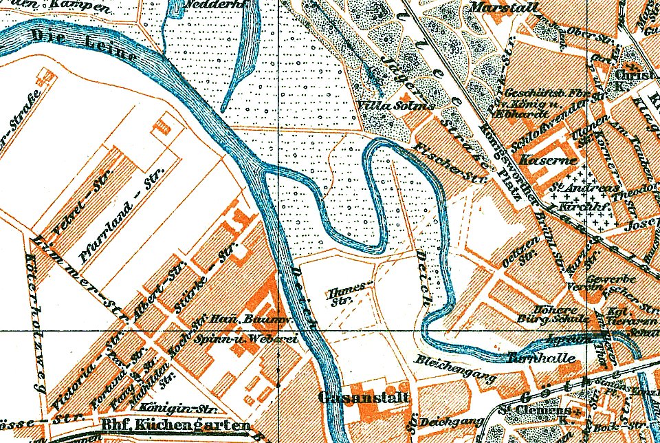 Hannover Stadtplan 1888 Meyers Konversations-Lexikon 4. Auflage Band 8 Seite 138a+138b Glockseebrücke