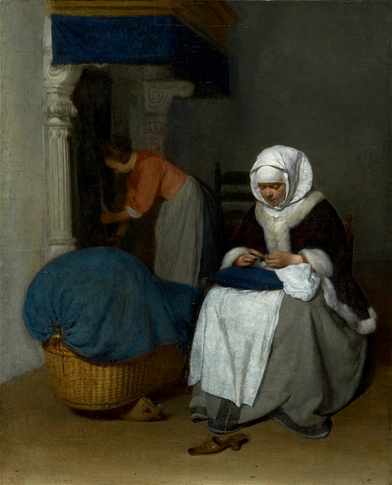 Handwerkende vrouw bij een wieg - Gerard ter Borch