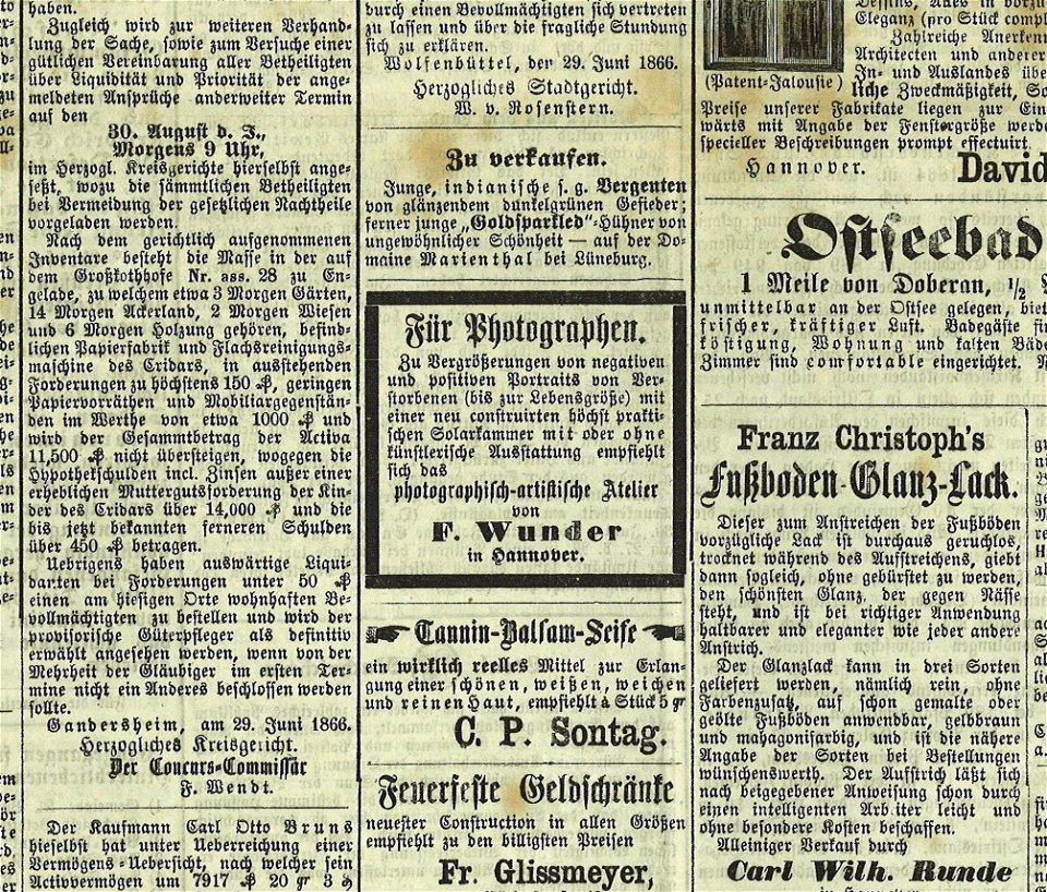Hannoverscher Kurier No. 03621, Seite 4 unten, 1866-07-03. Ausschnitt Friedrich Wunder