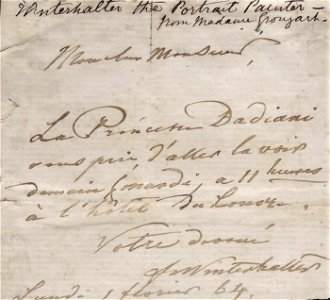 Handwritten note from portrait painter Franz Xaver Winterhalter to Princess Ekateriné Dadiani, 1864