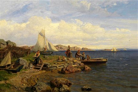 Hans Gude - Fiskerne kommer på land (1878)