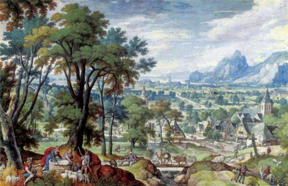 Hans Bol - Landschap met Jacob die de dekplaat van de bron wentelt, zodat Rachels vee kan drenken (Genesis 29-9-10) - 1909 - Städel Museum