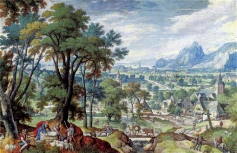 Hans Bol - Landschap met Jacob die de dekplaat van de bron wentelt, zodat Rachels vee kan drenken (Genesis 29-9-10) - 1909 - Städel Museum