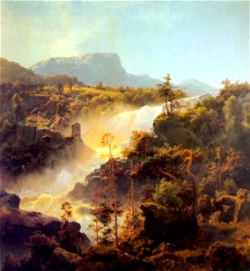 Hans Gude--Tessefossen I Vaga I Middagsbelysning--1848-