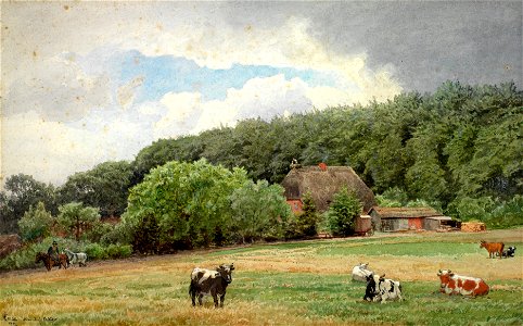 Hans Gude - Bondegård med beitende kuer (1892)
