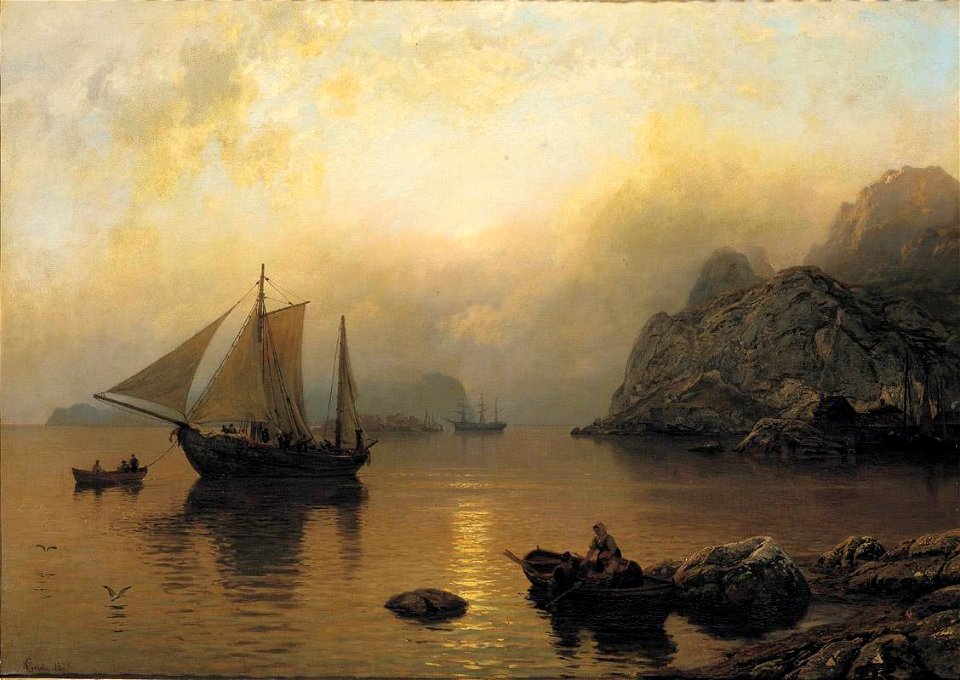 Hans Gude - Fiske partiet på soloppgang (1873)