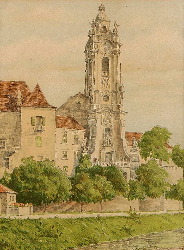 Hans Götzinger Stiftskirche Dürnstein (kolorierte Lithographie)