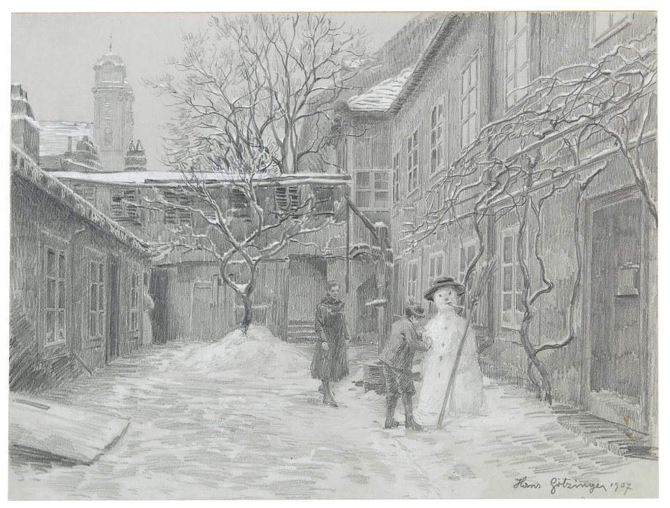 Hans Götzinger Schneemann in einem Hof in Lichtenthal 1907