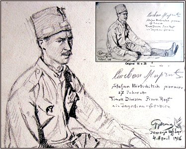 Hans Gyenis, Porträtzeichnung serb.Kgf. Stefan Mirtschitsch, April 1916