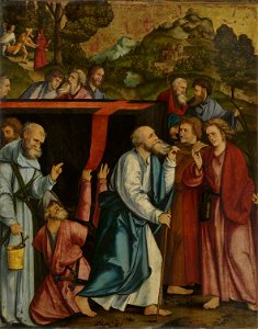 Hans Schäufelein - Christgartner Altar, Grabtragung Mariens Rückseite, Fall Christi auf das Kreuz - WAF 925 - Bavarian State Painting Collections