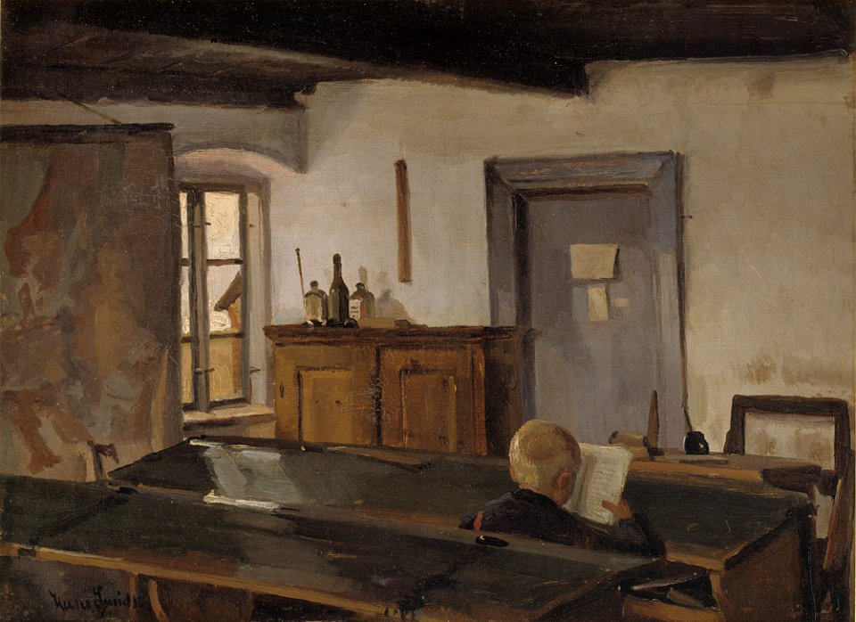 Hans Smidth - En skolestue med en læsende dreng - KMS4226 - Statens Museum for Kunst