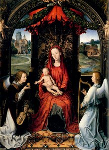 Hans Memling - Madonna Enthroned with Child and Two Angels - WGA14987. Free illustration for personal and commercial use.