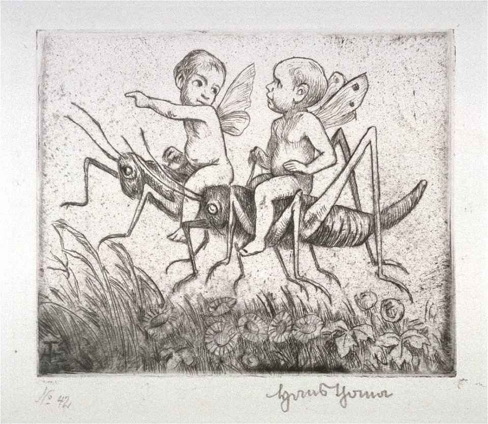 Hans Thoma - Zwei Amoretten reiten auf Grashüpfern