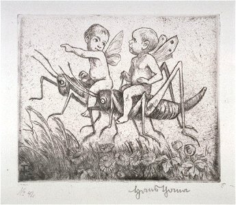 Hans Thoma - Zwei Amoretten reiten auf Grashüpfern