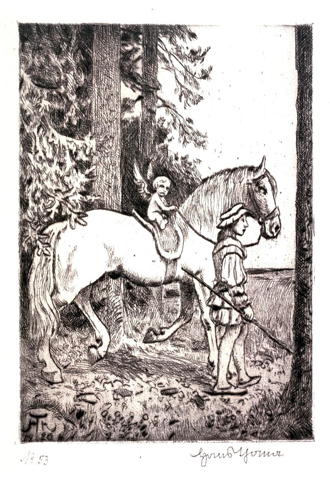 Hans Thoma - Ein Engel auf dem Pferd eines Landknechts