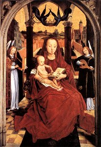 Hans Memling - Virgin and Child Enthroned with two Musical Angels - WGA14808. Free illustration for personal and commercial use.