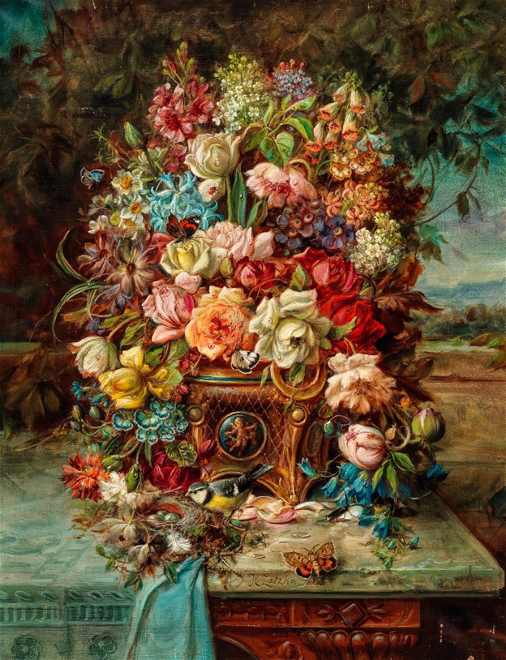 Hans Zatzka Blumenstillleben mit Blaumeise