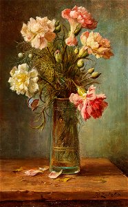 Hans Zatzka - Carnations in a Glass Vase with a Butterfly