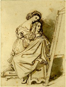 Ingres - Raphael and the Fornarina; the painter seated on a stool at the easel, with his arms around a woman. 1818, 1922,1017.11