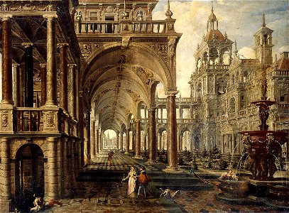 Hans Vredeman de Vries, , Kunsthistorisches Museum Wien, Gemäldegalerie - Palastarchitektur mit Badenden - GG 1899 - Kunsthistorisches Museum