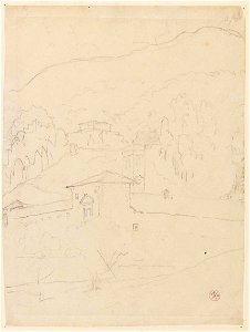 Ingres - MI.867.4464, Bâtiments et arbres au pied d'une colline