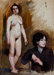 Hans von Faber du Faur Stehender weiblicher Akt und Frauenporträt