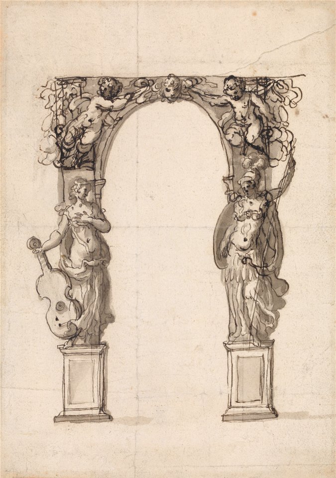 Inigo Jones - Design for a Temporary Arch Ornamented with Putti and Allegorical Figures of Music and War - Google Art Project
