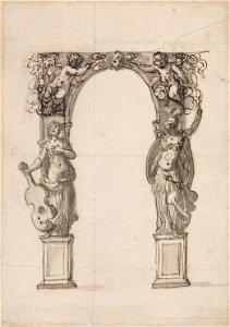 Inigo Jones - Design for a Temporary Arch Ornamented with Putti and Allegorical Figures of Music and War - Google Art Project