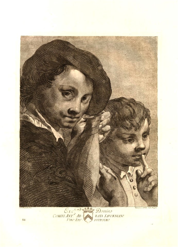 Innocente Alessandri - Head and shoulders of a man with a hat playing a lute, with a boy standing behind him with his finger to his lip. c.1760s, 1943,0709.83