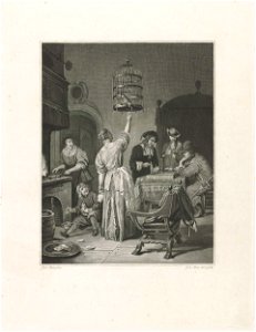 Interieur met een vrouw, die een papegaai voert