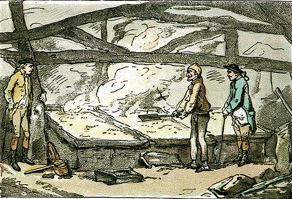 Inside of a Saltern at Lymington. Saltpans with the manner of making salt (caricature) RMG PW4948
