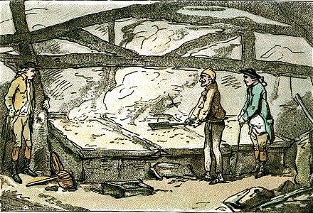 Inside of a Saltern at Lymington. Saltpans with the manner of making salt (caricature) RMG PW4948