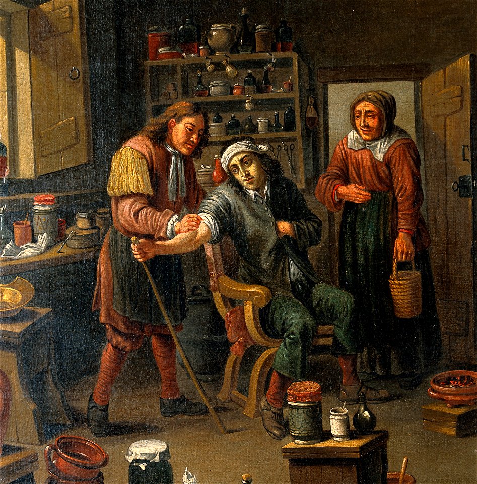 Interior of a surgery with two operators, one letting blood Wellcome V0017415