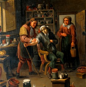 Interior of a surgery with two operators, one letting blood Wellcome V0017415