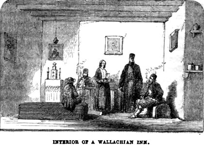 Interior of a Wallachian inn. Edmund Spencer. Turkey, Russia, the Black Sea, and Circassia.P.110. Free illustration for personal and commercial use.
