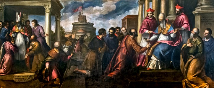 Interior of Chiesa dei Gesuiti (Venice) - sacristy - Pope San Cleto Founds the Order of the Crucifer - St. Cyril's Bishop of Jerusalem Reaffirms the Order by Palma il Giovane