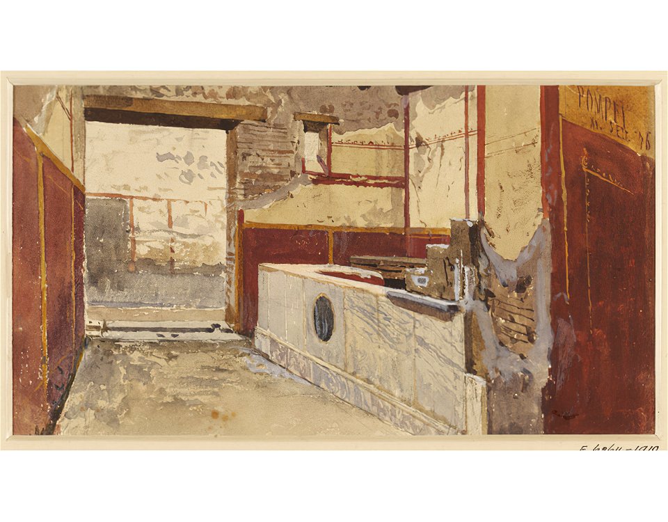 Interior of a shop in the Vicolo del Gallo (No 5), 1876 in Pompeii watercolor by Luigi Bazzani