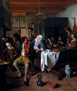 Interior of a Tavern with Card Players and a Violin Player, by Jan Steen. Free illustration for personal and commercial use.