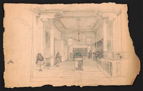 Interior of clothier, with rolls of fabric, dummies, and two men LCCN2016645922