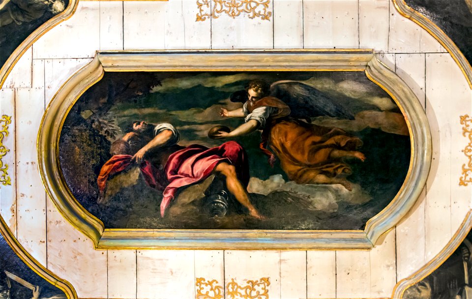 Interior of Chiesa dei Gesuiti (Venice) - sacristy - Ceiling - Elia nutrito dall'angelo by Palma il Giovane
