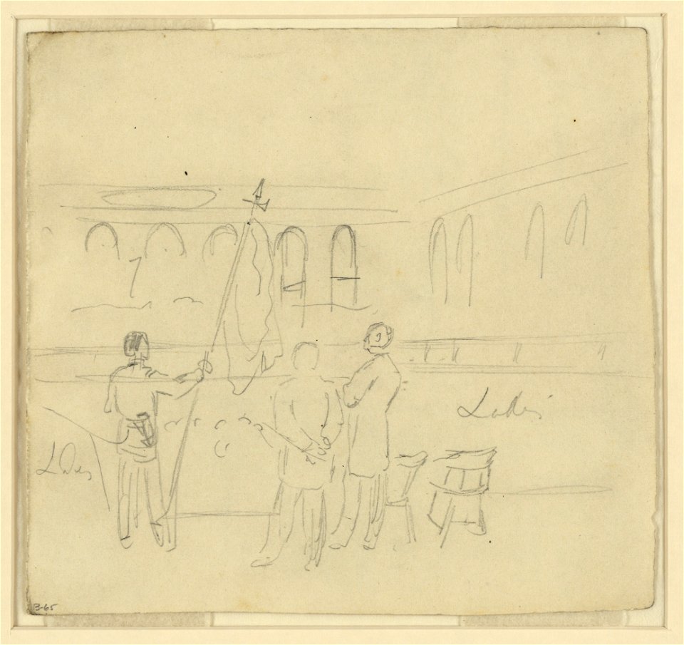 Interior of hall with three figures on a stage LCCN2004661035
