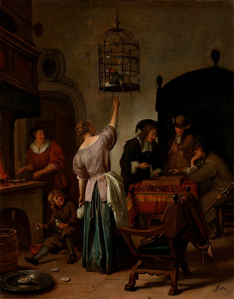 Interieur met een vrouw die een papegaai voert, bekend als ‘De papegaaiekooi’ Rijksmuseum SK-A-386