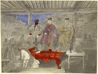 Interior of Buddhist temple or shrine with statues of (from left) Guan Yu, Liu Bei, and Zhang Fei LCCN2005677208